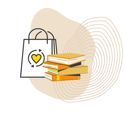 panier2 un sac d'achat et une pil de livres